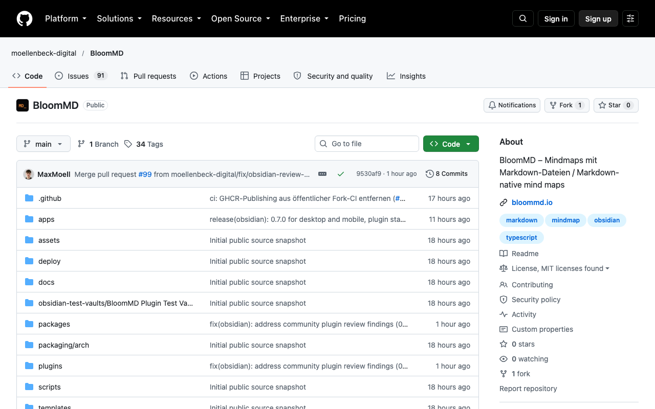 GitHub zeigt das öffentliche BloomMD-Repository mit dem Hauptbranch, Quellordnern sowie Links zu Lizenz, Beiträgen und Sicherheitsrichtlinie